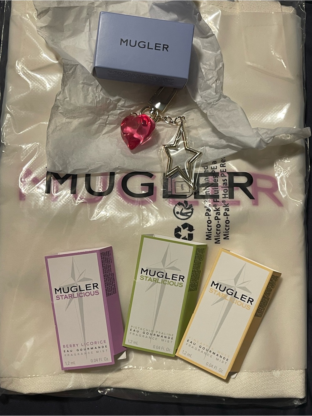 Mugler pink heart & silver star key charm